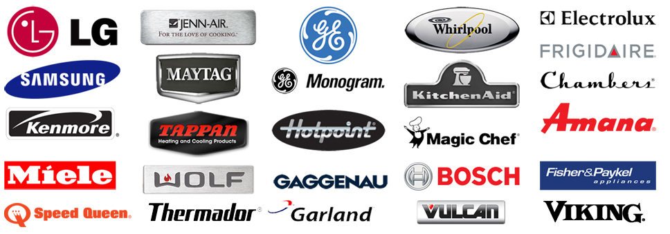 A collection of appliance brand logos including LG, Samsung, Kenmore, Miele, Speed Queen, Jenn-Air, Maytag, Tappan, Wolf, Thermador, GE, GE Monogram, Hotpoint, Gaggenau, Garland, Whirlpool, KitchenAid, Magic Chef, Bosch, Vulcan, Electrolux, Frigdaire, Chambers, Amana, Fisher & Paykel, and Viking